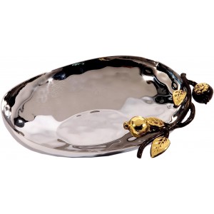 Medium Oval Stainless Steel Bowl with Pomegranate Design by Yair Emanuel Cuencos