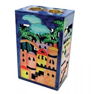 Yair Emanuel Wooden Painted Candlestick Box with Jerusalem Design Candelabros