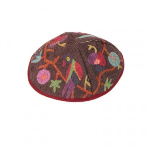 Yair Emanuel Bordeaux Cotton Hand Embroidered Kippah with Bird Motif Kipot