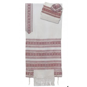 Hand-woven White Wool and Silk Tallit with Red Lines and Diamonds Modern Tallit