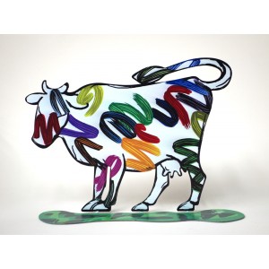 David Gerstein Nava Cow Sculpture with Bright Painted Lines Israeli Art