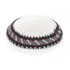 15 Centimetre White Knitted Kippah with Black, Red and Grey Geometric Pattern Kipot