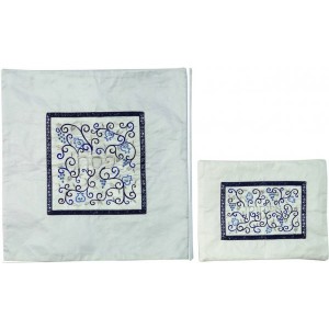 Yair Emanuel Matzah Cover Set with Embroidered Pomegranates in Blue on White Cubiertas de Matzá