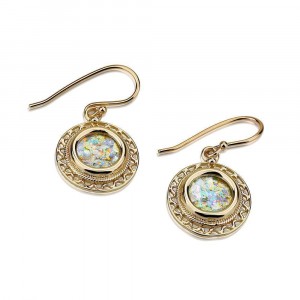 Earrings with Wavy Cord and Roman Glass in 14k Yellow Gold Earrings