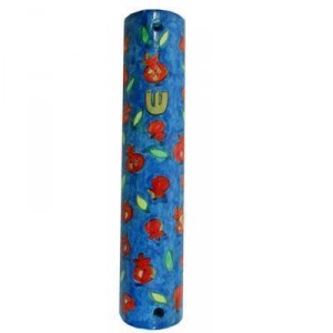 Hand painted Mezuzah with Small Pomegranates in Wood-Yair Emanuel Judaica Moderna