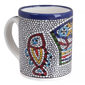 Armenian Ceramic Mug Plate with Mosaic Fish & Bread Jewish Coffee Mugs