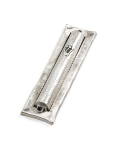 Silver Mezuzah with Hammered Pattern, Hebrew Letter Shin and Dotted Lines Danon