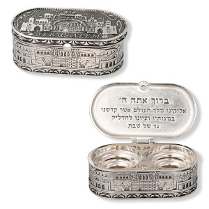 Nickel Shabbat Candlestick Set with Box, Jerusalem and Hebrew Blessing Candelabros y Velas
