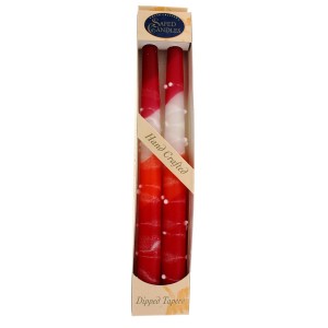 Red, Orange and White Shabbat Candles with White Dripped Lines by Safed Candles