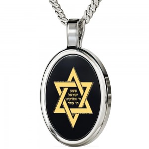 Sterling Silver and Onyx Shema Yisroel  Necklace Micro-Inscribed with 24K Gold Nano Jewelry