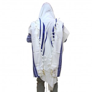 Traditional Wool Tallit – Blue with Gold Stripes Default Category