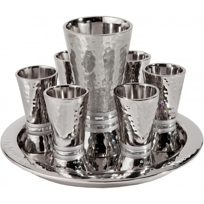 Nickel Kiddush Cup Set with Plate in Hammered Texture & White Ring by Yair Emanuel