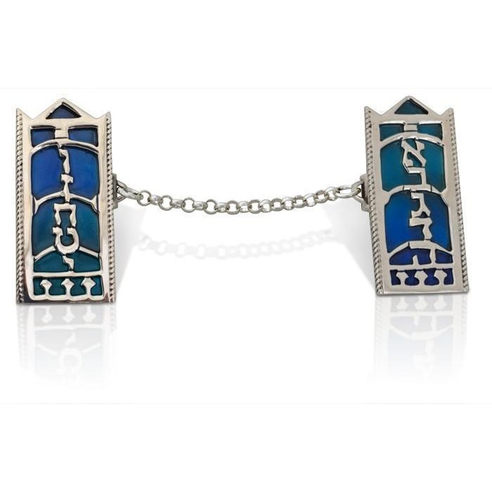 Tallit Clips in Sterling Silver and Enamel with Hebrew Lettering Nadav Art