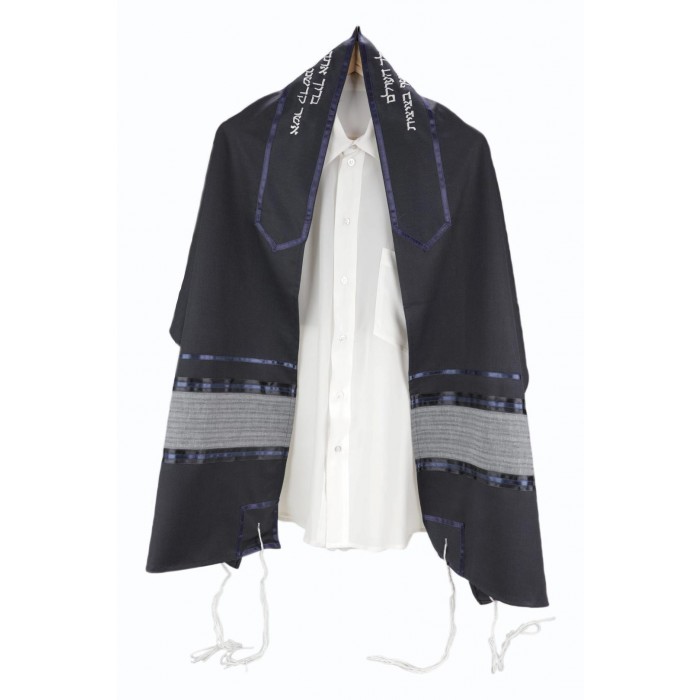 Tallit Set in black Polyester with Silver Stripes