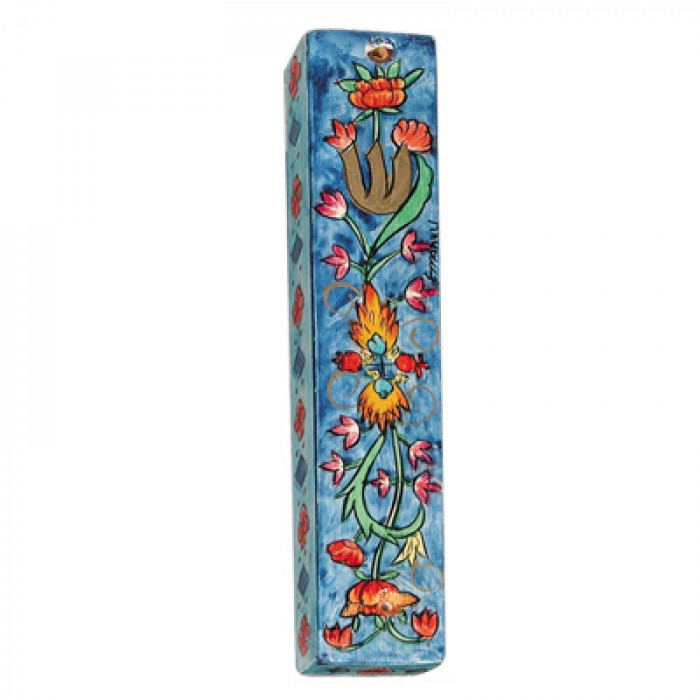 Yair Emanuel Mezuzah with a Floral Scene in Painted Wood