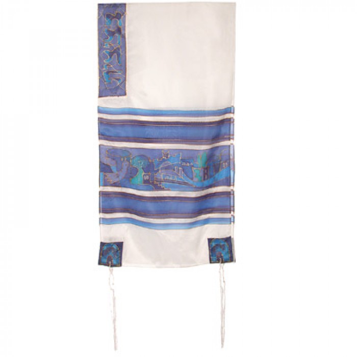 Yair Emanuel Hand Painted Tallit with Jerusalem and Dove in White and Blue Silk