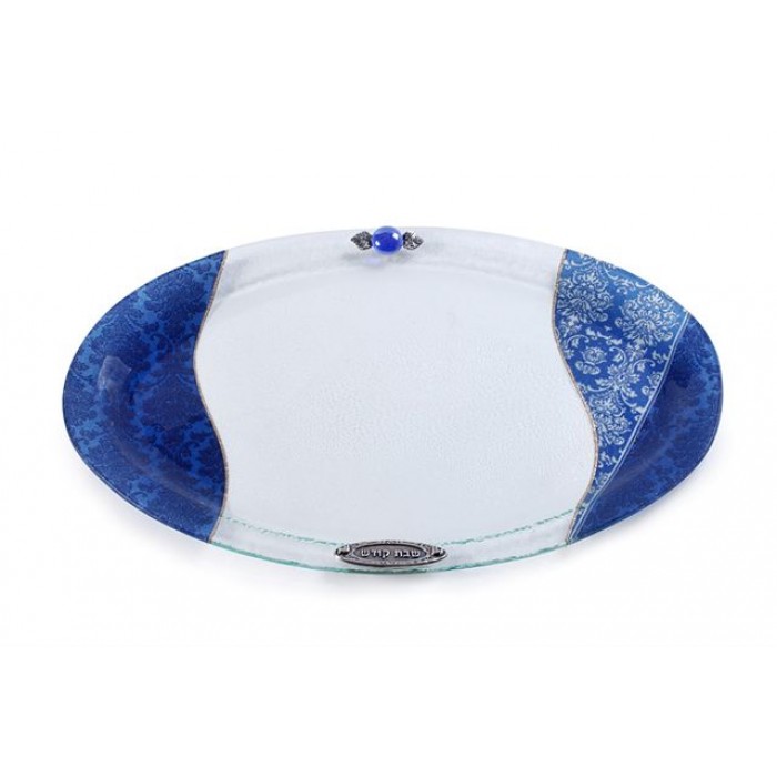 Oval Glass Challah Tray with Purple and Blue Geometric Pattern