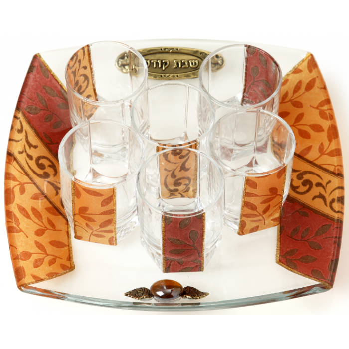 Glass Wine Cup Set with Six Cups, Tray and Geometric Pattern