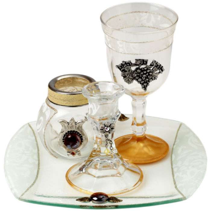Glass Havdalah Set with Floral Pattern and Metal Medallions