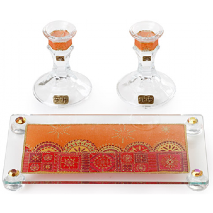 Crystal Shabbat Candlestick Set with Orange and Red Motif and Tray