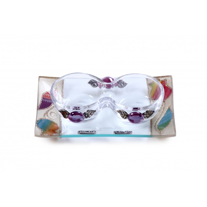 Small Shabbat Tea Light Set with Multi Colored Flower Design and Tray
