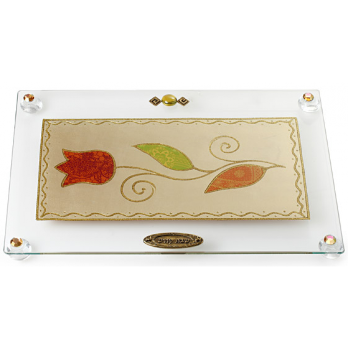 Glass Challah Board with Single Flower Motif 