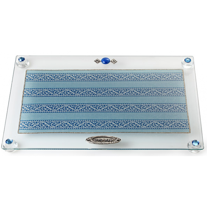 Glass Challah Board with Light and Dark Blue Motif