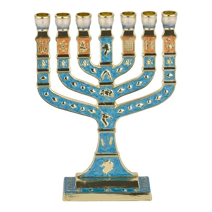 7 Branch 12 Tribes of Israel Menorah in Turquoise and Orange