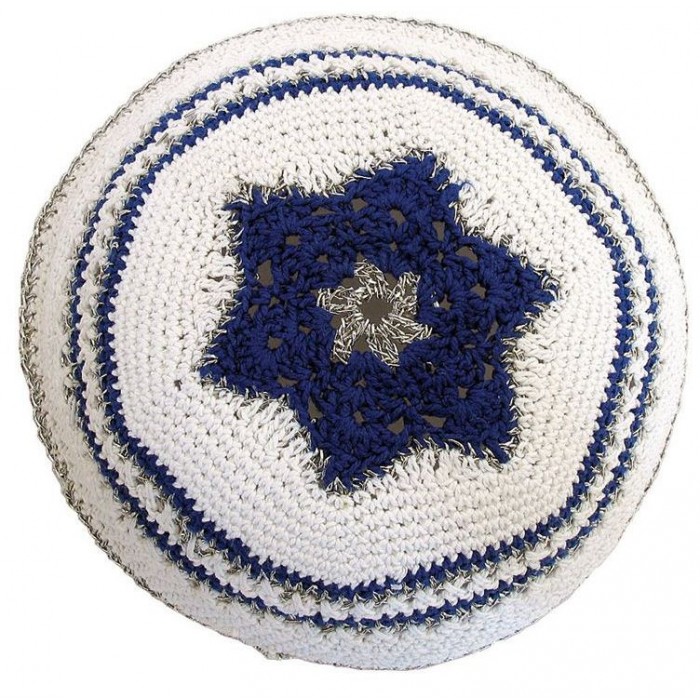 White Knitted Kippah with Blue and Silver Star of David and Stripes