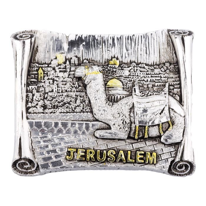Silver Plated Magnet with Jerusalem on a Scroll and Camel
