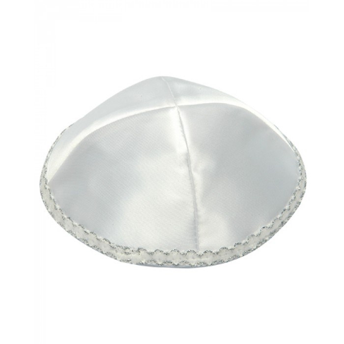 20cm White Satin Kippah with Four Sections and Silver Rim