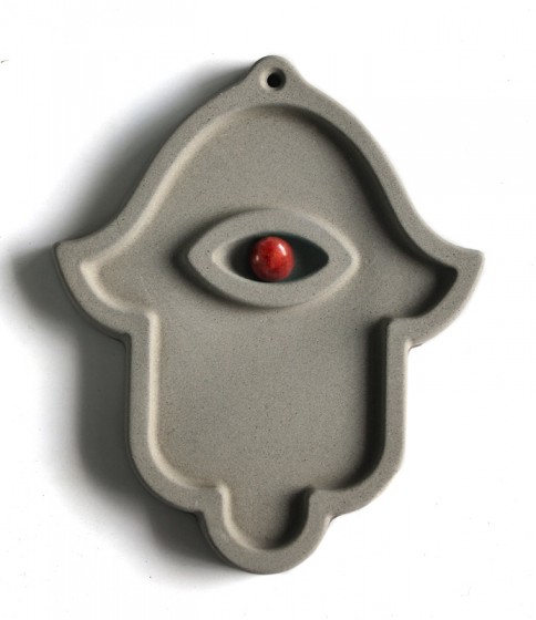 Concrete Hamsa Wall Hanging with Orange Coral Stone Eye by ceMMent