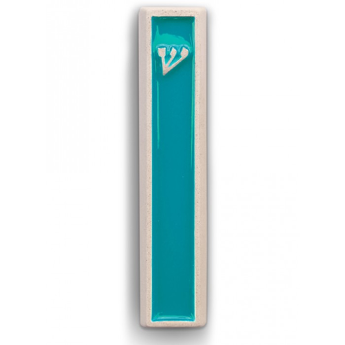 White Concrete Mezuzah with Turquoise Colored Interior by ceMMent