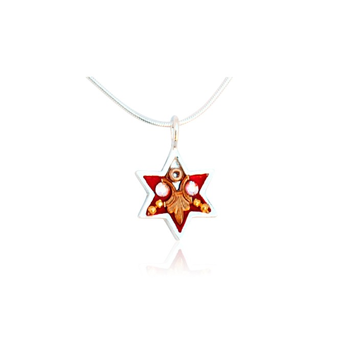 Ester Shahaf Star of David Necklace with Beads and Fleur De Lis on Red