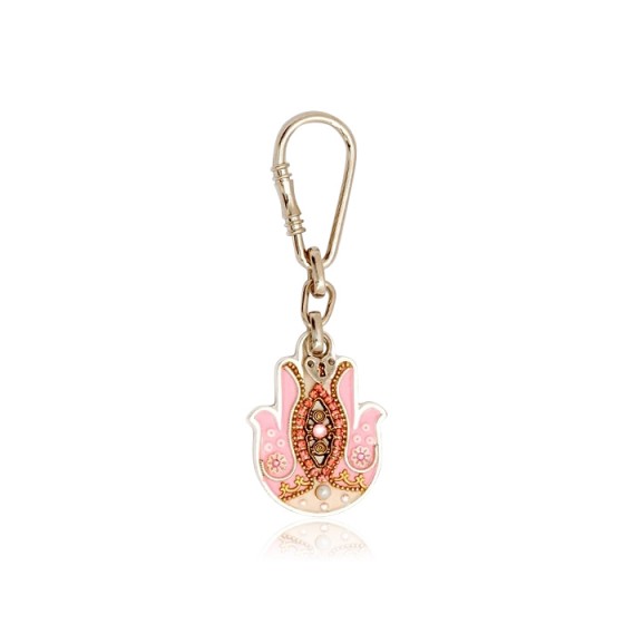 Ester Shahaf Pink Hamsa Keychain with Beads, Heart and Crystals