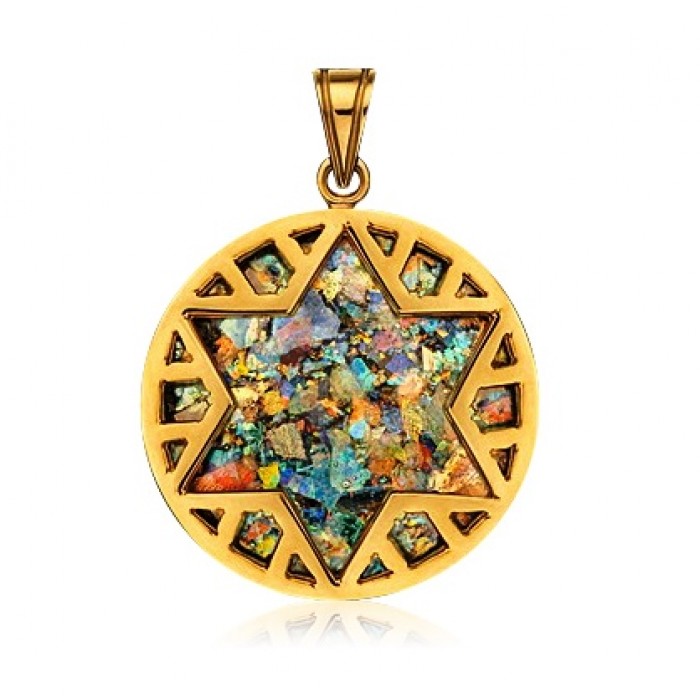 Circle Star of David in 14K Yellow Gold and Roman Glass