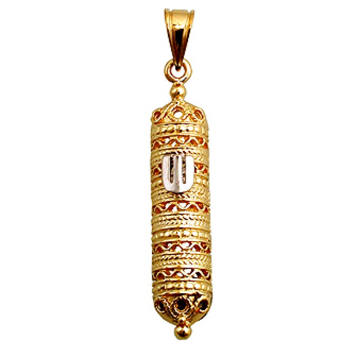 14k Yellow Gold Mezuzah Pendant with Red Body, Large Shin and Scrollwork