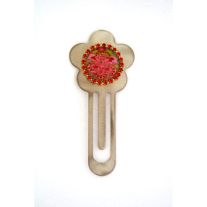 Pewter Flower Bookmark with Red Crystals and Pink Floral Pattern