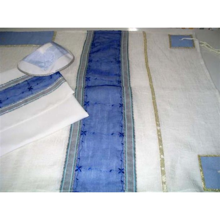 Women’s Tallit with Blue Band, Floral Embroidery & Gold Ribbon by Galilee Silks