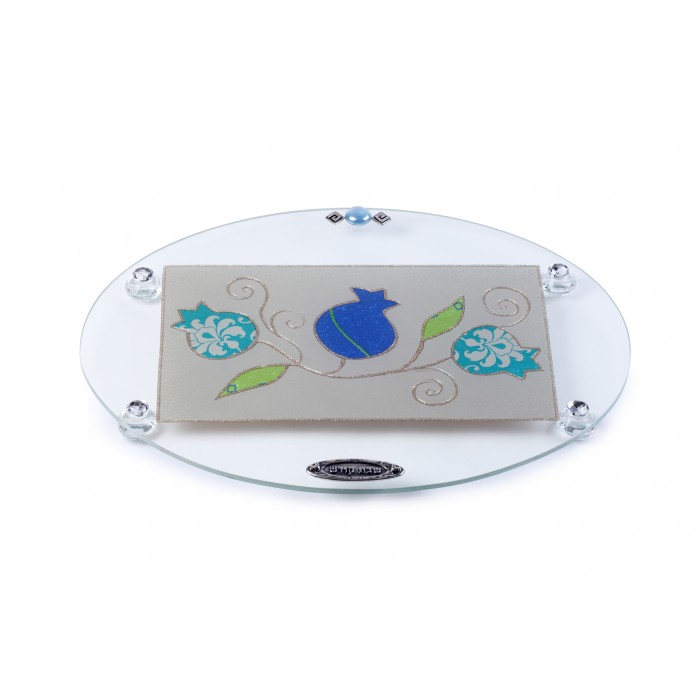 Glass Oval Challah Board for Shabbat with Blue Pomegranates and Floral Pattern