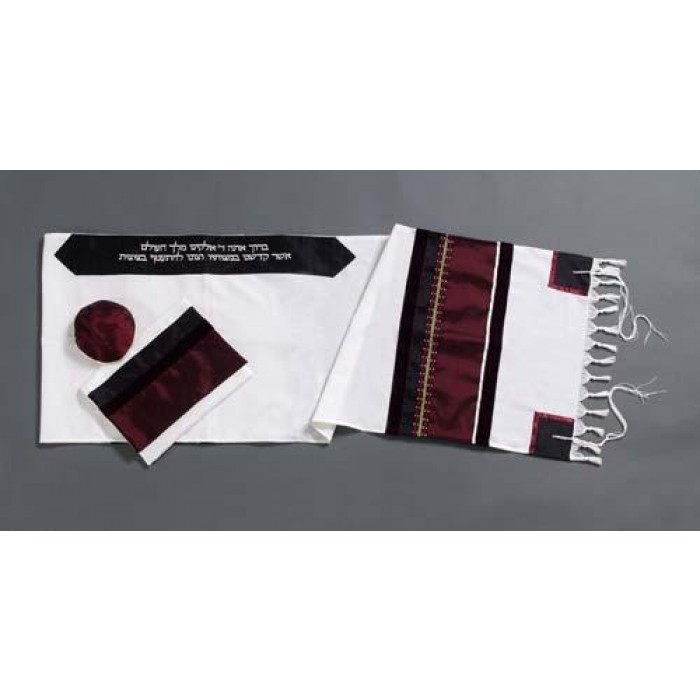 White Woolen Tallit with Wine Red Band and Black Atarah by Galilee Silks