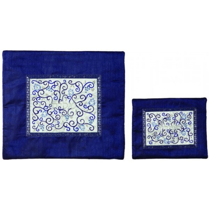 Yair Emanuel Blue and White Tallit Bag Set with Seven Species and Hebrew Text