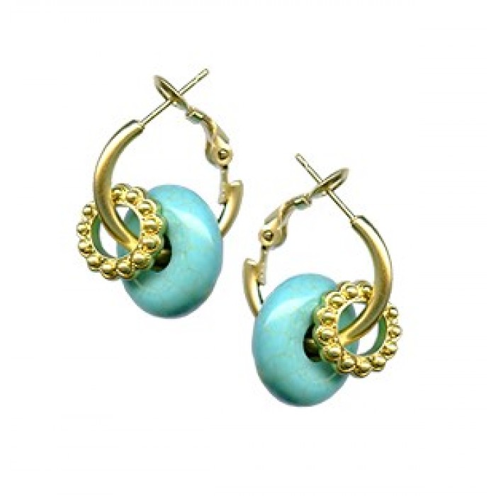 Gold Hoop Earrings with Turquoise Stone Bead & Gold Floral Rings