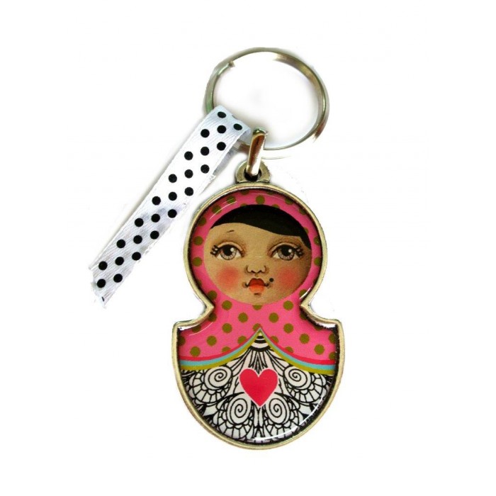Keychain with Matroshka in Pink and White Polka Dots