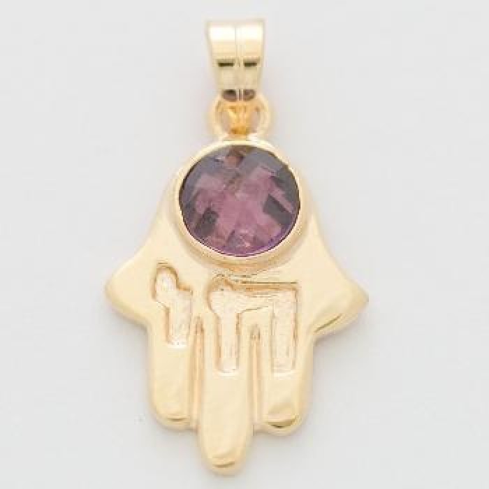 Hamsa Pendant with Chai and Round Amethyst in Gold Plated