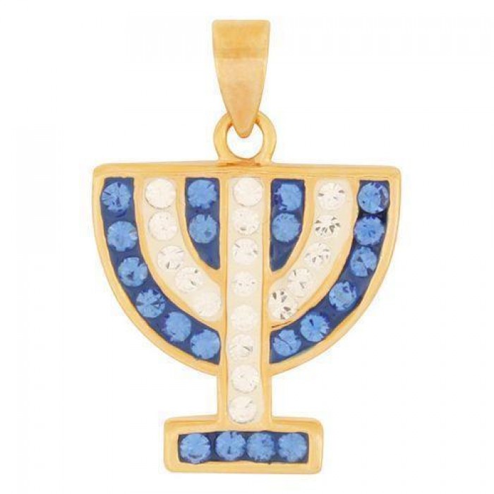 Gold Plated Menorah Pendant with Blue Sapphires and Zircons