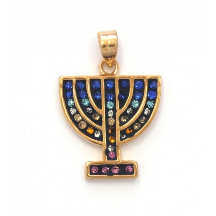 Pendant with Menorah Design in Gold Plated with Colorful Stones