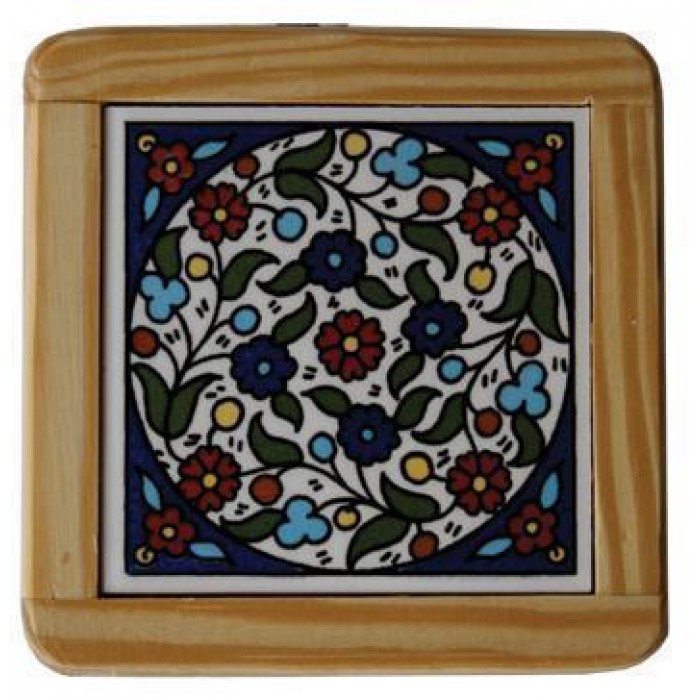 Armenian Wooden Coaster with Anemones Flower Motif