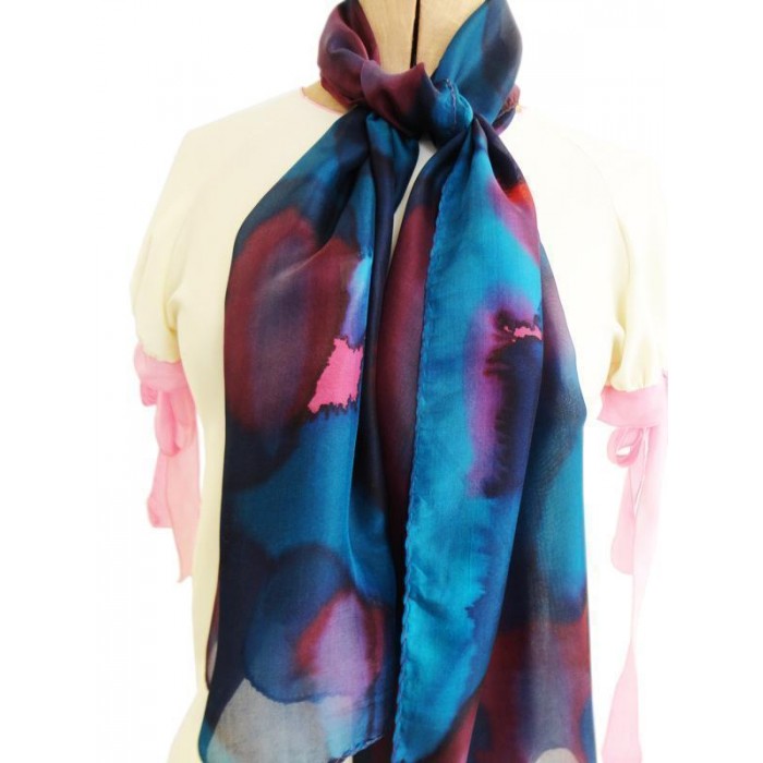 Silk Scarf in Turquoise with Red, Black & Pink Patches by Galilee Silks 