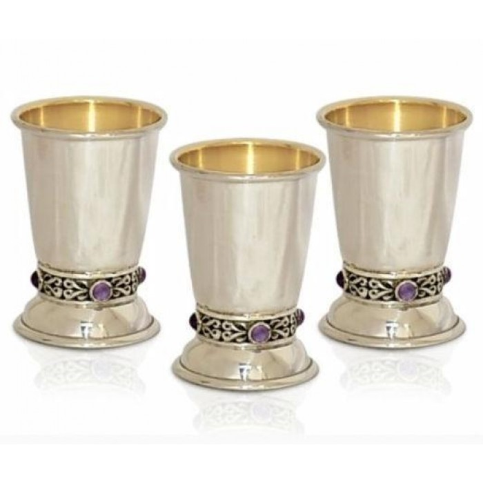 Set of Liquor Cups in Sterling Silver with Decorative Stem and Stones by Nadav Art